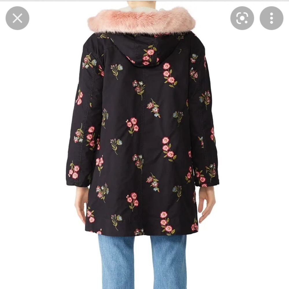 Kate Spade Black Floral Jacket with Pink Fur Trim - Picture 2 of 11